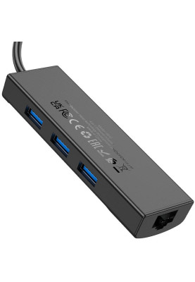 USB Hoco HB42 Easy safety 4-in-1 Gigabit Ethernet Adapter(Type-C to USB3.0*3+RJ45) 0.2M Black