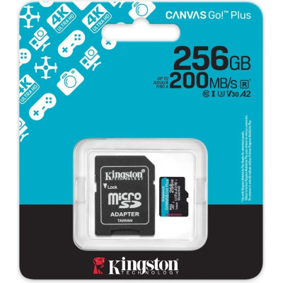Micro SD 256GB/10 class R200Mb/s U3 V30 A2 Canvas Go! Plus Kingston+ Adapter (SDCG4/256GB) Micro SD 256GB/10 class R200Mb/s U3 V30 A2 Canvas Go! Plus Kingston+ Adapter (SDCG4/256GB)