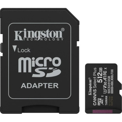 Micro SD 512GB/10 class R150Mb/s U3 V30 A1 Canvas Select Plus Kingston+ Adapter (SDCS3/512GB)