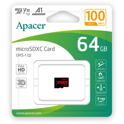 Micro SD 64GB/10 class R100Mb/s U1 V10 A1 Apacer (AP64GMCSX10UB-RA)