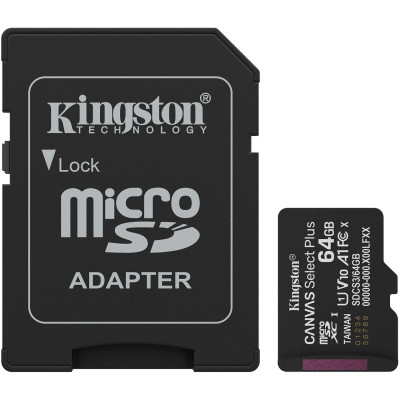 Micro SD 64GB/10 class R100Mb/s U1 V10 A1 Canvas Select Plus Kingston+ Adapter (SDCS3/64GB)
