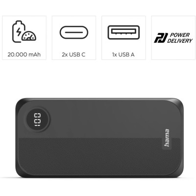 Power Bank Hama 20000mAh 15W 2USB-C/USB-A LED Black (00201755) UA Power Bank Hama 20000mAh 15W 2USB-C/USB-A LED Black (00201755) UA