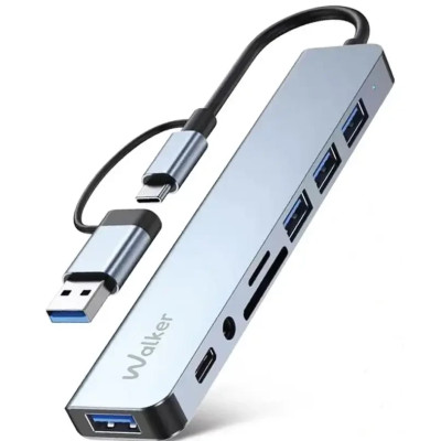 USB-A/C HUB Walker WHUB-53 8in1 (USB-A 3.0 + 2USB-A 2.0+ USB-С + SD/TF + AUX) silver