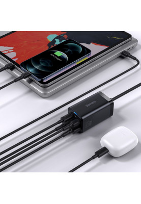 МЗП Baseus GaN3 Pro 65W (2 Type-C + 2 USB) + Кабель Type-C to Type-C 100W (1m) black