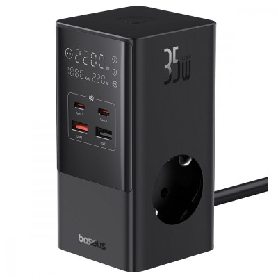 Мережевий фільтр Baseus Power Combo Tower Digital (3*AC+2*USB+2*Type-C 35W 1.5m) black