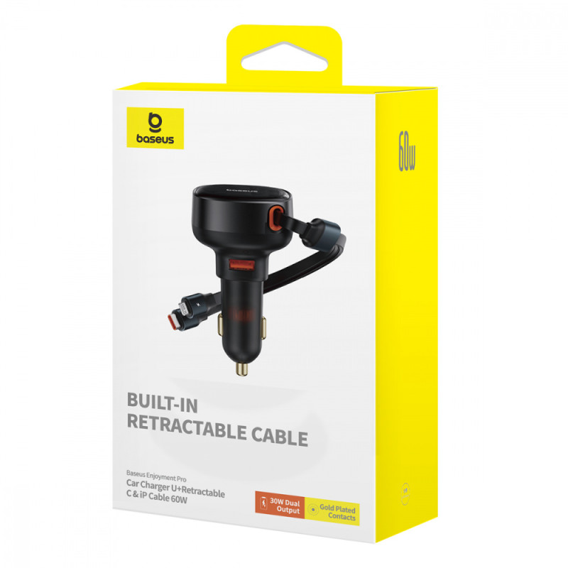 АЗП Baseus Enjoyment Pro Car Charger USB + Retractable C & iP Cable 60W black