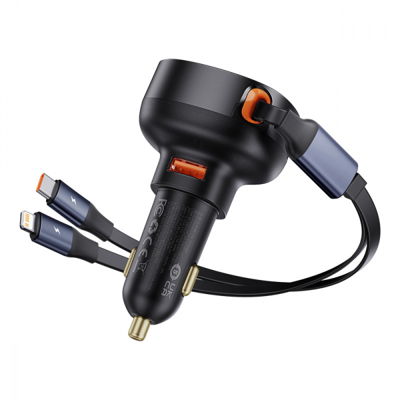 АЗП Baseus Enjoyment Pro Car Charger USB + Retractable C & iP Cable 60W black