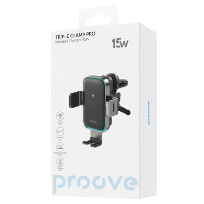 Автомобільний тримач з Бездротовим ЗП Proove Triple Clamp Pro 15W metal gray