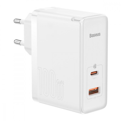 МЗП Baseus GaN5 Pro 100W (Type-C + USB) + Кабель Type-C + Type-C white
