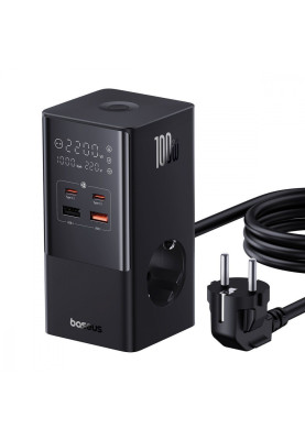 Мережевий фільтр Baseus Power Combo Tower Digital (2*AC+2*USB+2*Type-C 100W 1.5m) black