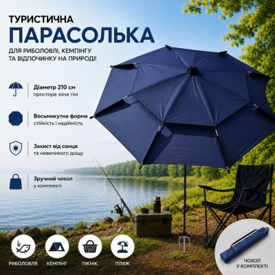 Синя Парасолька туристична з чохлом 210 см / Восьмикутна парасолька для риболовлі, кемпінгу та пляжу Синя Парасолька туристична з чохлом 210 см / Восьмикутна парасолька для риболовлі, кемпінгу та пляжу