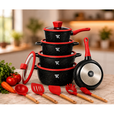 Чорний Набір посуду Top Kitchen TK00050L з мармуровим покриттям, 10 предметів + кухонне приладдя
