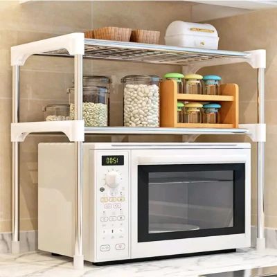 Полиця органайзер для мікрохвильової печі Wellamart кухонний стелаж розсувний з гачками на три полиці для НВЧ печі