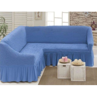 Бежевий Турецька накидка на кутовий диван з оборкою, натяжний чохол на диван.