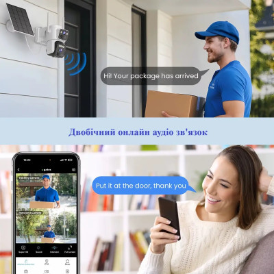 Поворотная WiFi камера 2 линзы 4к / Видеокамера с солнечной панелью 8mp