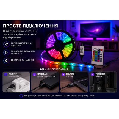 Гнучка світлодіодна стрічка RGB USB 20м / RGB стрічка / USB Led стрічка + пульт Гнучка світлодіодна стрічка RGB USB 20м / RGB стрічка / USB Led стрічка + пульт