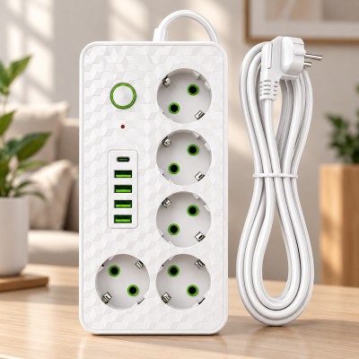 Білий Мережевий фільтр на 5 розеток HG-2505 / Подовжувач на 3м 4×USB+Type-C чорний / Фільтр мережевий 2500Вт
