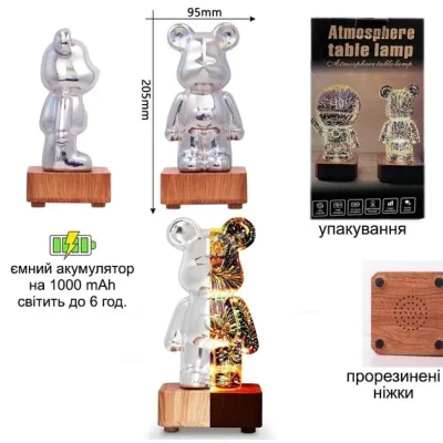 3D лампа Кришталевий Ведмедик Феєрверк Ведмідь Bearbick декоративний скляний нічник світлодіодний світильник 16 кольорів LED на акумуляторі
