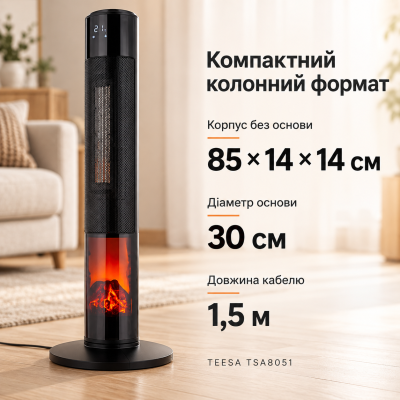 Керамічний колонний тепловентилятор TEESA TSA8051 / Тепловентилятор з ефектом каміна, дисплеєм + пульт ДК 2000 Вт Керамічний колонний тепловентилятор TEESA TSA8051 / Тепловентилятор з ефектом каміна, дисплеєм + пульт ДК 2000 Вт