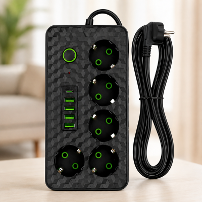 Чорний Мережевий фільтр на 5 розеток HG-2505 / Подовжувач на 3м 4×USB+Type-C чорний / Фільтр мережевий 2500Вт