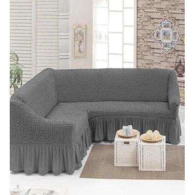 Бежевий Турецька накидка на кутовий диван з оборкою, натяжний чохол на диван.