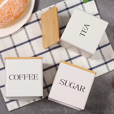 Набір банок для зберігання «Sugar/Coffee/Tea» з бамбуковими кришками та підставкою
