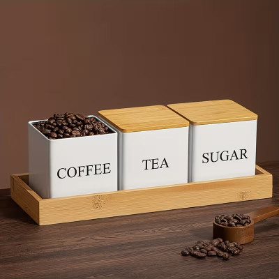Набір банок для зберігання «Sugar/Coffee/Tea» з бамбуковими кришками та підставкою