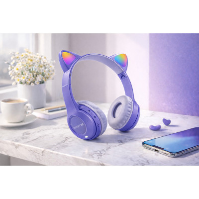 Бездротові навушники з котячими вушками та лід підсвічуванням Cat Ear Y47 Led, Bluetooth навушники з мікрофоном Бузковий