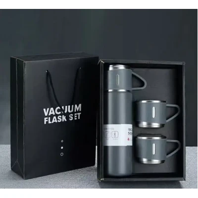 Термос із вакуумною ізоляцією сірий, Подарунковий набір з 3 чашками 500 мл