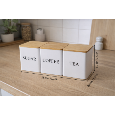 Набір банок для зберігання «Sugar/Coffee/Tea» з бамбуковими кришками та підставкою