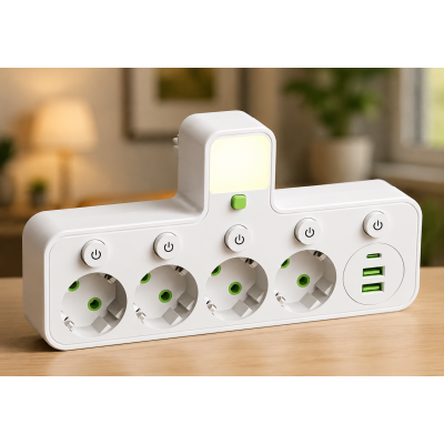 Мережевий фільтр 4 розетки + USB / адаптер на 4 розетки + USB з індивідуальними кнопками та LED-підсвічуванням Білий