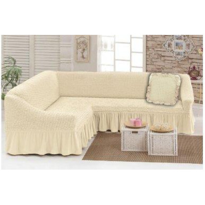 Бежевий Турецька накидка на кутовий диван з оборкою, натяжний чохол на диван.