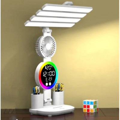 Акумуляторна LED лампа / Настільна лампа з 4 плафонами, RGB-підсвічуванням, годинником та вентилятором