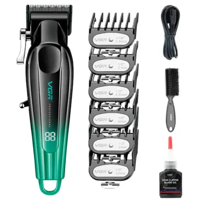Акумуляторна машинка для стрижки VGR V-662 GREEN, 7000 RPM, 6 насадок, LED дисплей
