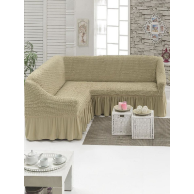 Бежевий Турецька накидка на кутовий диван з оборкою, натяжний чохол на диван.