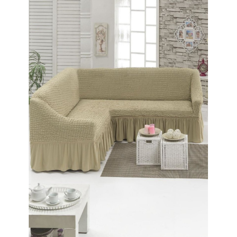 Бежевий Турецька накидка на кутовий диван з оборкою, натяжний чохол на диван