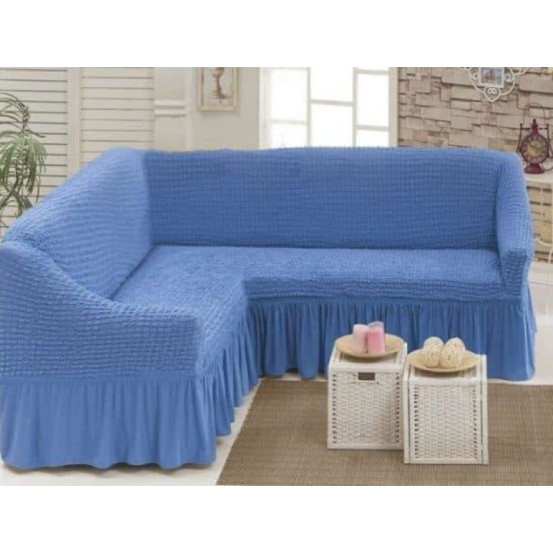 Бежевий Турецька накидка на кутовий диван з оборкою, натяжний чохол на диван