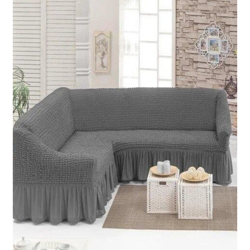 Бежевий Турецька накидка на кутовий диван з оборкою, натяжний чохол на диван