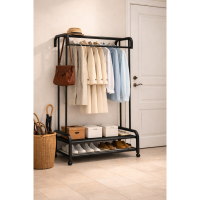 Металева підлогова вішалка-органайзер для одягу з полицями для взуття