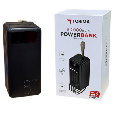 Повербанк Torima TRM-1080 22,5W / 80000 mAh, з ліхтариком, 3 кабелі / Портативний акумулятор / УМБ Power Bank