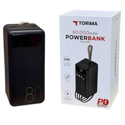 Повербанк Torima TRM-1080 22,5W / 80000 mAh, з ліхтариком, 3 кабелі / Портативний акумулятор / УМБ Power Bank