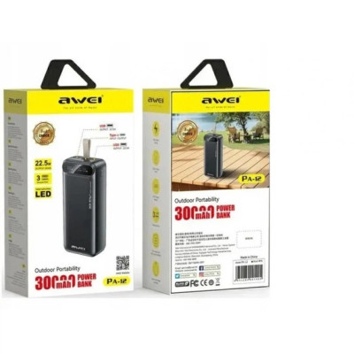 Зовнішній акумулятор Power bank Awei PA12 30000mAh PD22,5W швидка зарядка Зовнішній акумулятор Power bank Awei PA12 30000mAh PD22,5W швидка зарядка
