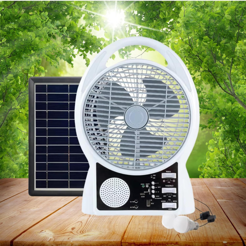 Вентилятор портативний Solar з USB, Bluetooth, MP3, FM-радіо / Акумуляторний вентилятор з LED підсвічуванням, 2 швидкості, 6Вт 5500 мАг