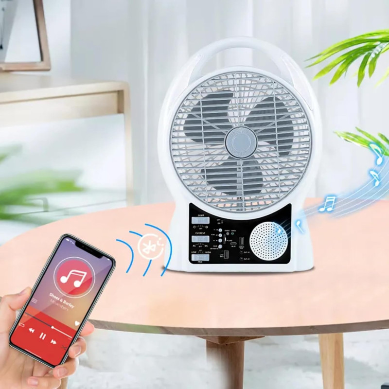 Вентилятор портативний Solar з USB, Bluetooth, MP3, FM-радіо / Акумуляторний вентилятор з LED підсвічуванням, 2 швидкості, 6Вт 5500 мАг