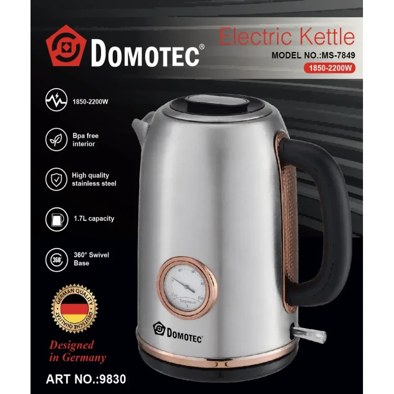 Електрочайник з термометром та корпусом з нержавіючої сталі Domotec MS 7849