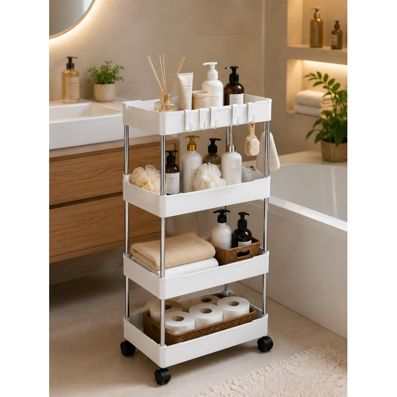Етажерка на колесах 4 полиці біла підлогова Storage rack AND906
