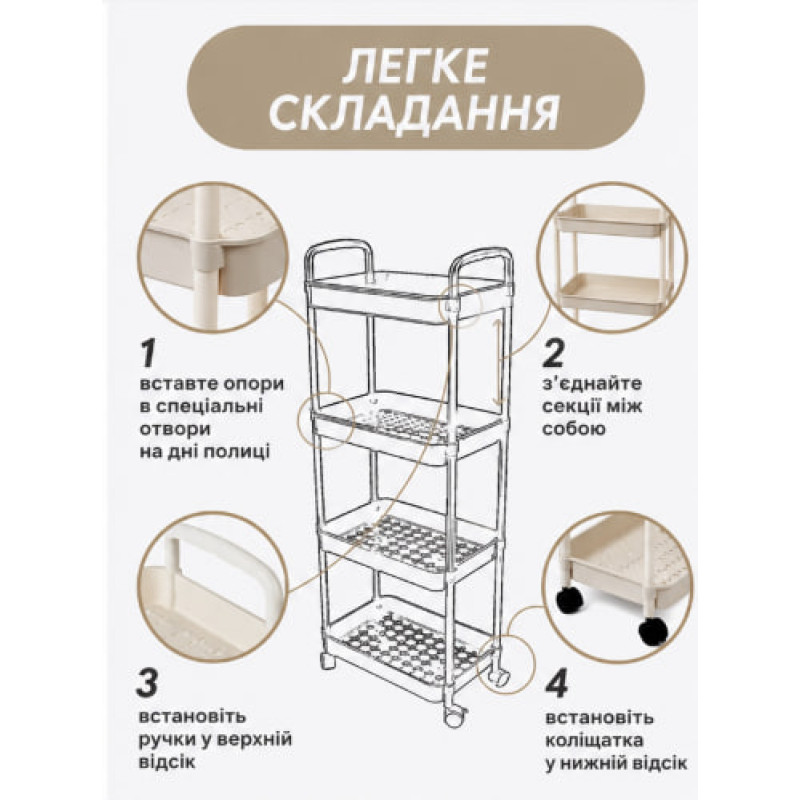 Етажерка на колесах 4 полиці біла підлогова Storage rack AND906