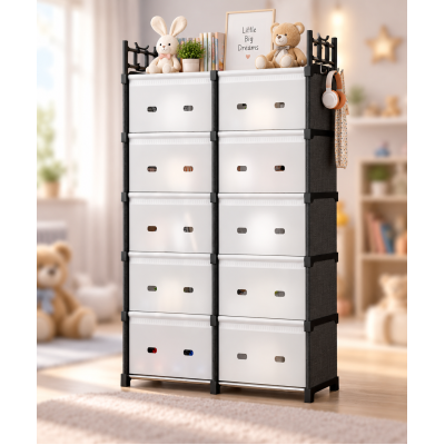 Комод дитячий пластиковий WFB006S 81x29x170 см / Широка збірна шафа-органайзер на 10 шухляд з верхньою полицею / Шафа-стелаж