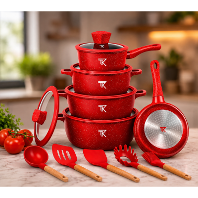 Червоний Набір посуду Top Kitchen TK00050L з мармуровим покриттям, 10 предметів + кухонне приладдя