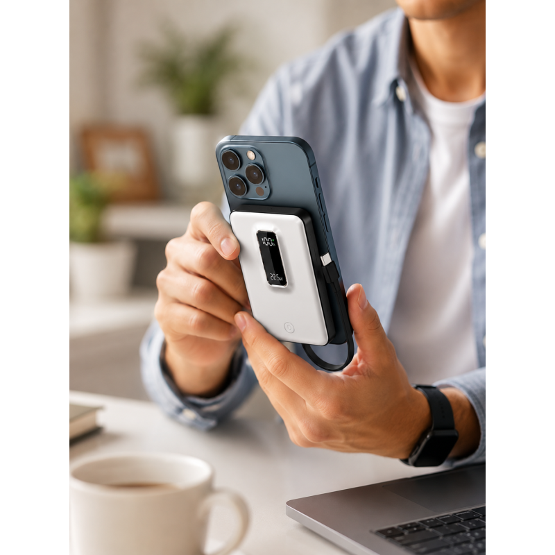 Магнітний Power Bank MP102 10000mAh зі швидкою зарядкою 22.5W / Зарядний пристрій з бездротовим MagSafe, вбудованим кабелем та підставкою / Портативний зовнішній акумулятор